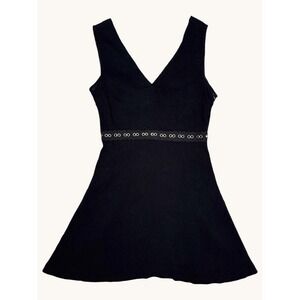 Lelis Black V-Neck Mini Dress Eyelet Lace Waist Tie Back Cut Out Size M